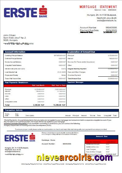 Hungary Erste bank mortgage statement